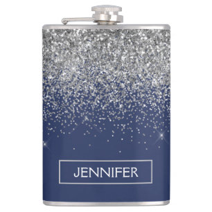 Silver Navy Blue Glitter Girly Monogram Name Hip Flask
