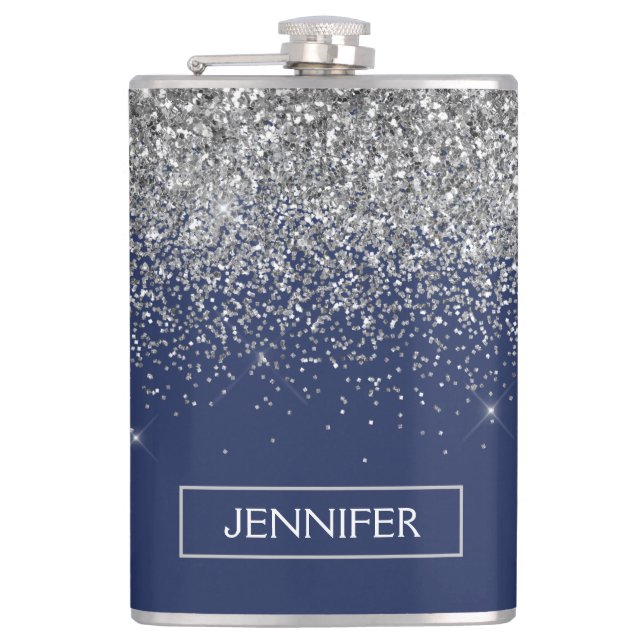 Silver Navy Blue Glitter Girly Monogram Name Hip Flask (Front)