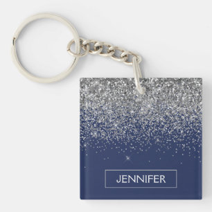 Silver Navy Blue Glitter Girly Monogram Name Key Ring