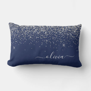 Silver Navy Blue Glitter Girly Monogram Name Lumbar Cushion