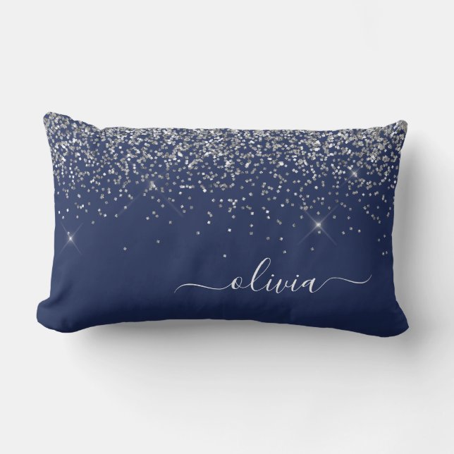 Silver Navy Blue Glitter Girly Monogram Name Lumbar Cushion (Front)