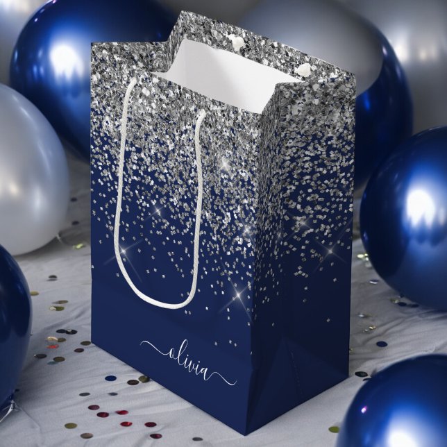 Silver Navy Blue Glitter Girly Monogram Name Medium Gift Bag (Creator Uploaded)
