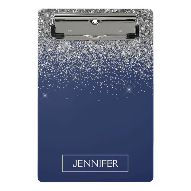 Silver Navy Blue Glitter Girly Monogram Name Mini Clipboard (Front)