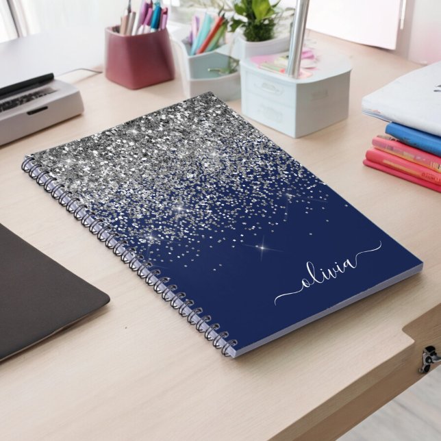Silver Navy Blue Glitter Girly Monogram Name Notebook (Creator Uploaded)