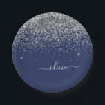 Silver Navy Blue Glitter Girly Monogram Name Paper Plate<br><div class="desc">Silver and Navy Blue Sparkle Glitter Monogram Name and Initial Party Plates. This makes the perfect sweet 16 birthday,  wedding,  bridal shower,  anniversary,  baby shower or bachelorette party gift for someone that loves glam luxury and chic styles.</div>