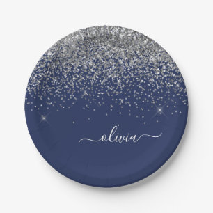 Silver Navy Blue Glitter Girly Monogram Name Paper Plate