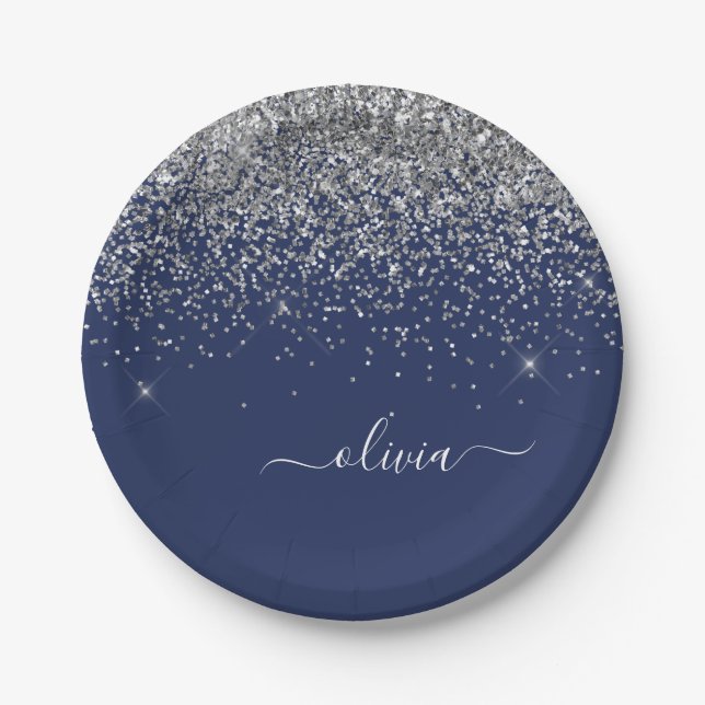 Silver Navy Blue Glitter Girly Monogram Name Paper Plate (Front)