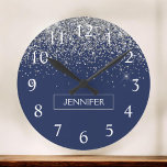 Silver Navy Blue Glitter Girly Monogram Name Round Clock<br><div class="desc">Silver and Navy Blue Sparkle Glitter Monogram Name Clock. This makes the perfect sweet 16 birthday,  wedding,  bridal shower,  anniversary,  baby shower or bachelorette party gift for someone that loves glam luxury and chic styles.</div>