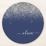 Silver Navy Blue Glitter Girly Monogram Name Round Paper Coaster<br><div class="desc">Navy Blue and Silver Sparkle Glitter Script Monogram Name Paper Coasters. This makes the perfect graduation,  birthday,  wedding,  bridal shower,  anniversary,  baby shower or bachelorette party gift for someone that loves glam luxury and chic styles.</div>