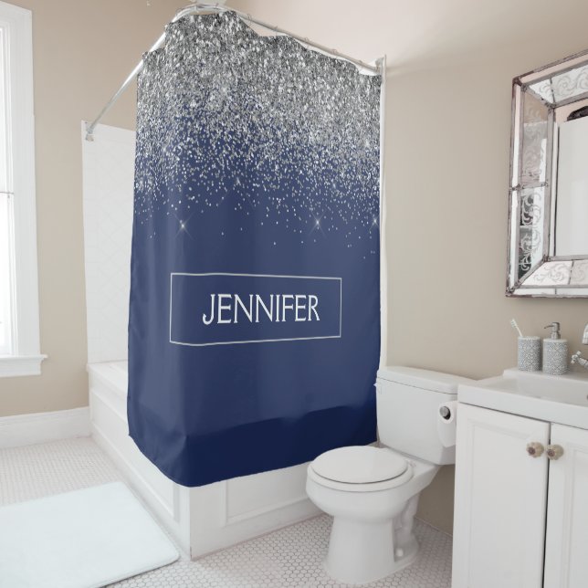 Silver Navy Blue Glitter Girly Monogram Name Shower Curtain (In Situ)