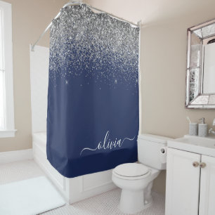 Silver Navy Blue Glitter Girly Monogram Name Shower Curtain