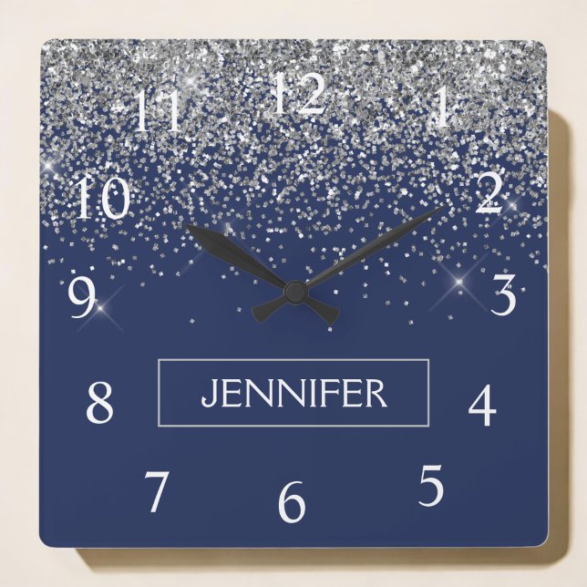 Silver Navy Blue Glitter Girly Monogram Name Square Wall Clock (Creator Uploaded)