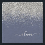 Silver Navy Blue Glitter Girly Monogram Name Stone Coaster<br><div class="desc">Navy Blue and Silver Sparkle Glitter Script Monogram Name Stone Tile. This makes the perfect graduation,  sweet 16 birthday,  wedding,  bridal shower,  anniversary,  baby shower or bachelorette party gift for someone that loves glam luxury and chic styles.</div>