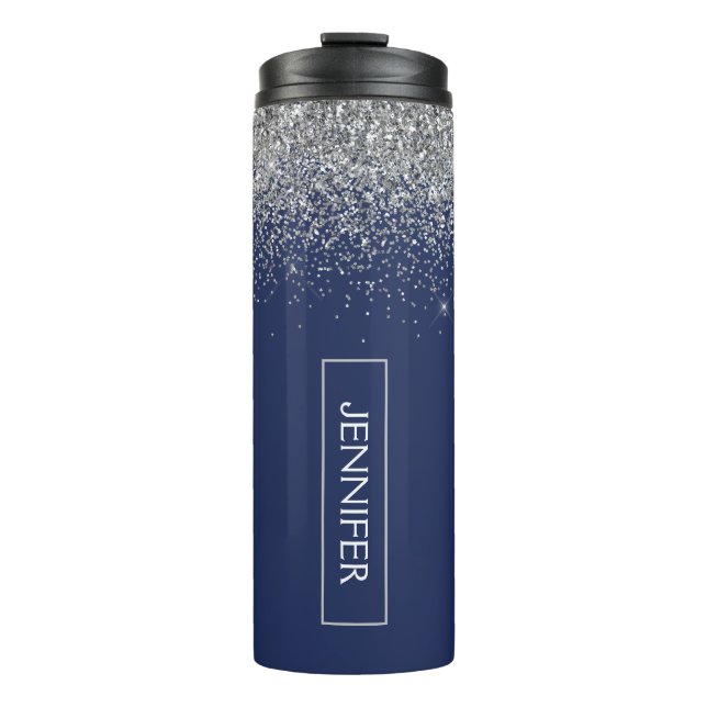 Silver Navy Blue Glitter Girly Monogram Name Thermal Tumbler (Front)