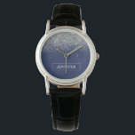Silver Navy Blue Glitter Girly Monogram Name Watch<br><div class="desc">Navy Blue and Silver Sparkle Glitter Monogram Name Watch. This makes the perfect graduation,  birthday,  wedding,  bridal shower,  anniversary,  baby shower or bachelorette party gift for someone that loves glam luxury and chic styles.</div>