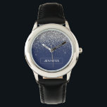 Silver Navy Blue Glitter Girly Monogram Name Watch<br><div class="desc">Silver and Navy Blue Sparkle Glitter Monogram Name Watch. This makes the perfect sweet 16 birthday,  wedding,  bridal shower,  anniversary,  baby shower or bachelorette party gift for someone that loves glam luxury and chic styles.</div>