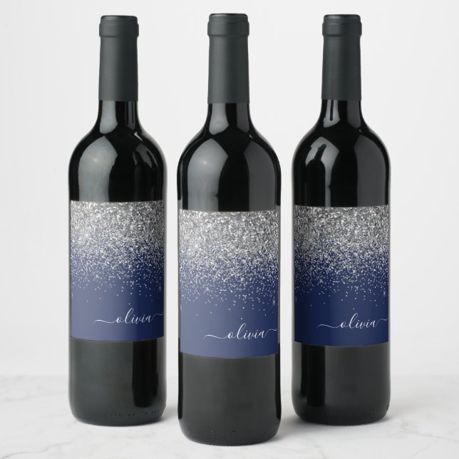 Silver Navy Blue Glitter Girly Monogram Name Wine Label (Bottles)