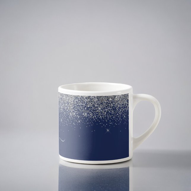 Silver Navy Blue Glitter Metal Monogram Name Espresso Cup (Creator Uploaded)