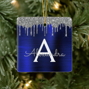 Silver Navy Blue Glitter Monogram Name Ceramic Ornament