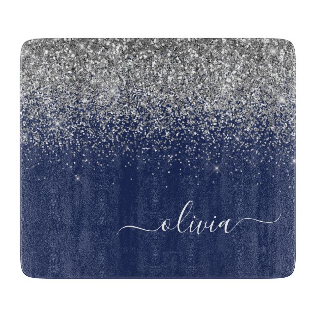 Silver Navy Blue Glitter Script Monogram Girly Cutting Board (Front)