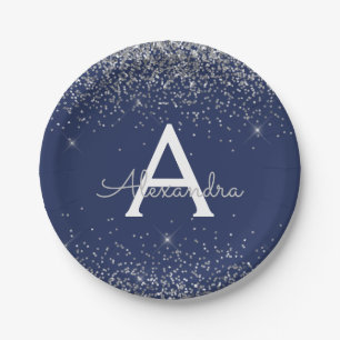 Silver Navy Blue Glitter Sparkle Monogram Birthday Paper Plate