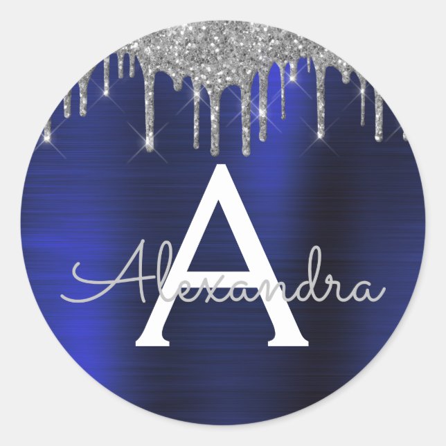 Silver Navy Blue Glitter Sparkle Monogram Name Classic Round Sticker (Front)