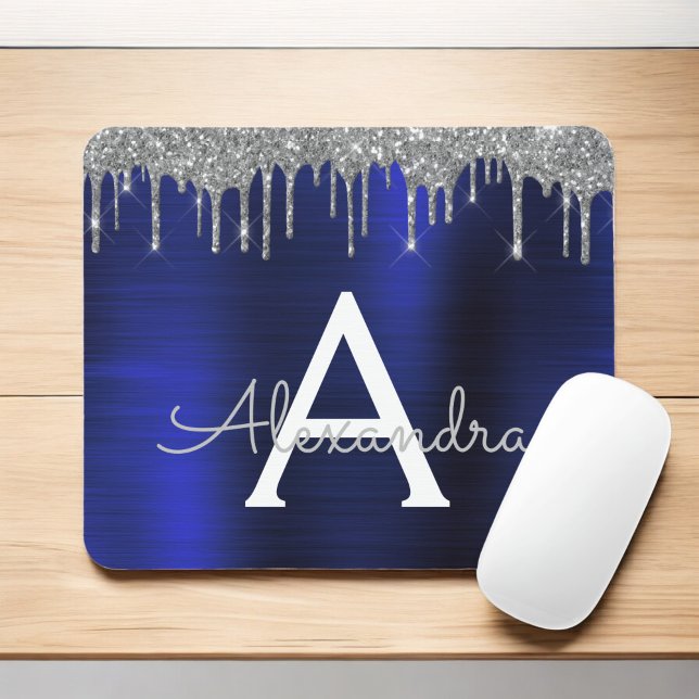 Silver Navy Blue Glitter Sparkle Monogram Name Mouse Mat (Creator Uploaded)