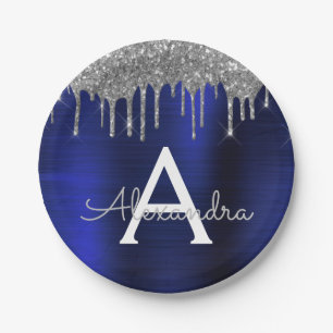 Silver Navy Blue Glitter Sparkle Monogram Name Paper Plate