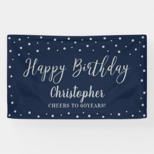 Silver & Navy Blue Happy Birthday Party Banner
