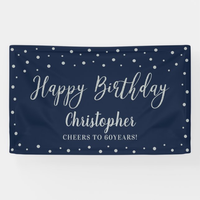Silver & Navy Blue Happy Birthday Party Banner (Horizontal)