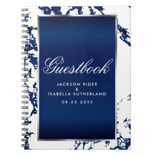 Silver, Navy Blue Marble & White  - Guestbook Notebook