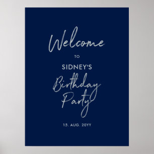 Silver & Navy Blue Modern Birthday Party Welcome Poster