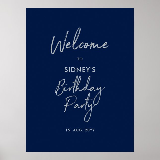 Silver & Navy Blue Modern Birthday Party Welcome Poster (Front)