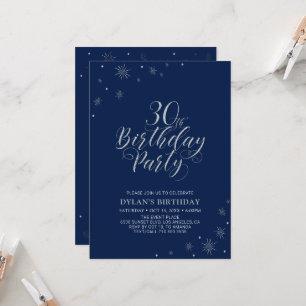 Silver & Navy Blue Modern Chic 30th Birthday Party Invitation