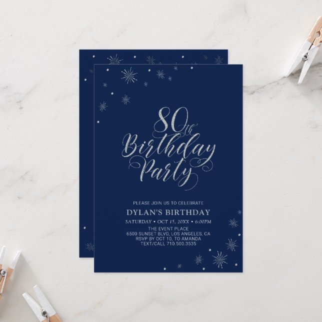 Silver & Navy Blue Modern Chic 80th Birthday Party Invitation (Front/Back In Situ)