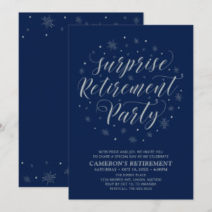 Silver, Navy Blue Modern Surprise Retirement Party Invitation