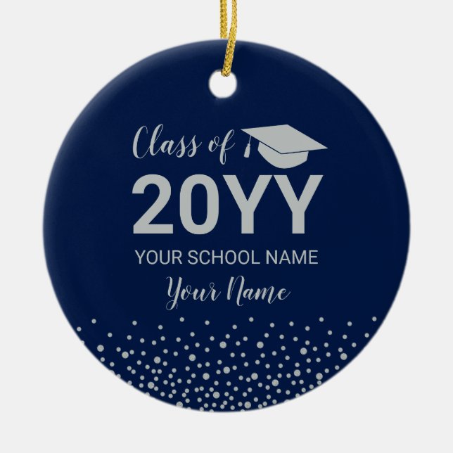 Silver & Navy Blue Photo Graduation Christmas Gift Ceramic Tree Decoration (Front)
