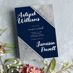 Silver navy blue script calligraphy wedding invitation