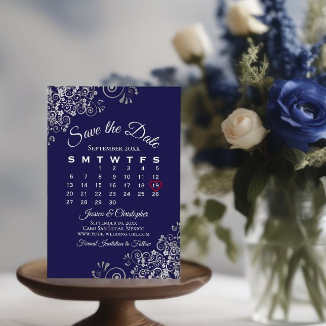 Silver & Navy Blue Simple Elegant Wedding Calendar Save The Date (Creator Uploaded)