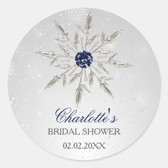 silver navy blue snowflakes bridal shower stickers (Front)