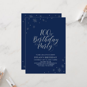 Silver & Navy Blue Sparkle 100th Birthday Party Invitation