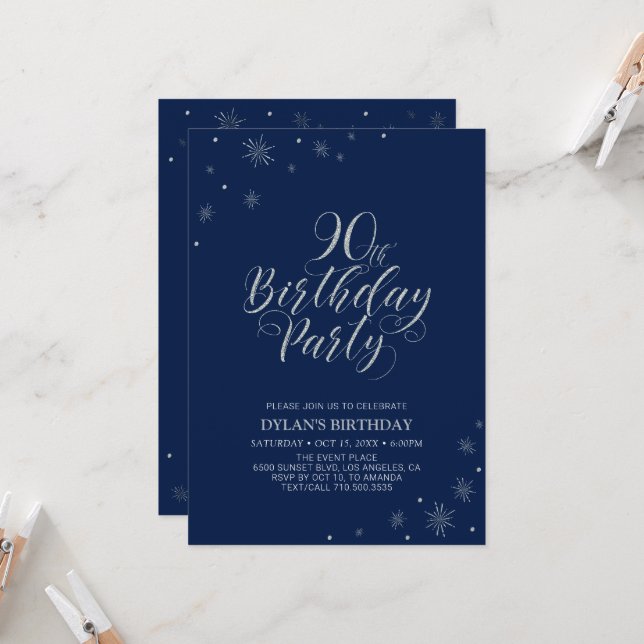 Silver & Navy Blue Sparkle 90th Birthday Party Invitation (Front/Back In Situ)