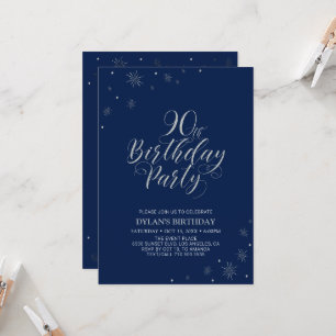 Silver & Navy Blue Sparkle 90th Birthday Party Invitation