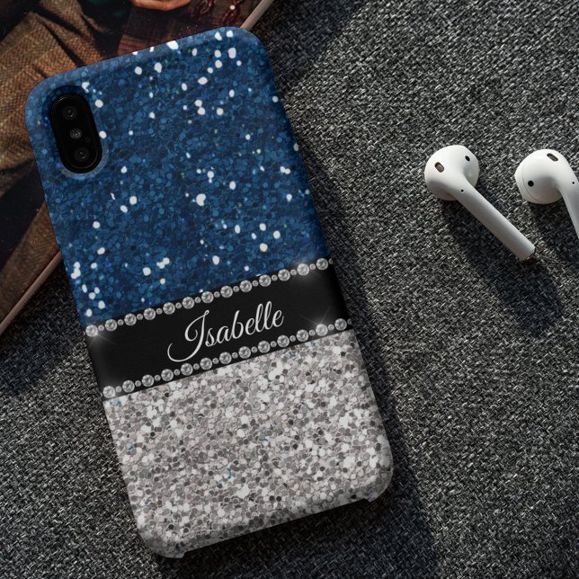 Silver Navy BLue Sparkle Glam Bling Personalised Case-Mate iPhone Case (Creator Uploaded)