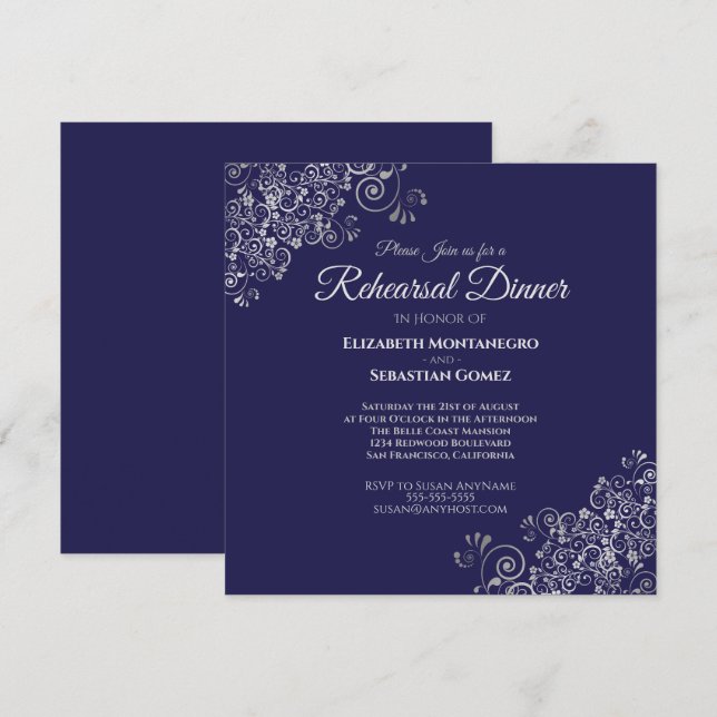 Silver & Navy Blue Square Wedding Rehearsal Dinner Invitation (Front/Back)