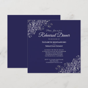 Silver & Navy Blue Square Wedding Rehearsal Dinner Invitation