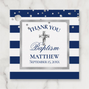 Silver Navy Blue Stripes Baptism Ceremony Boy Favour Tags