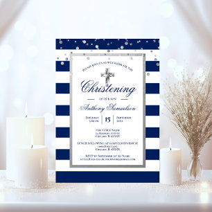 Silver Navy Blue Stripes Baptism Christening Boy Invitation