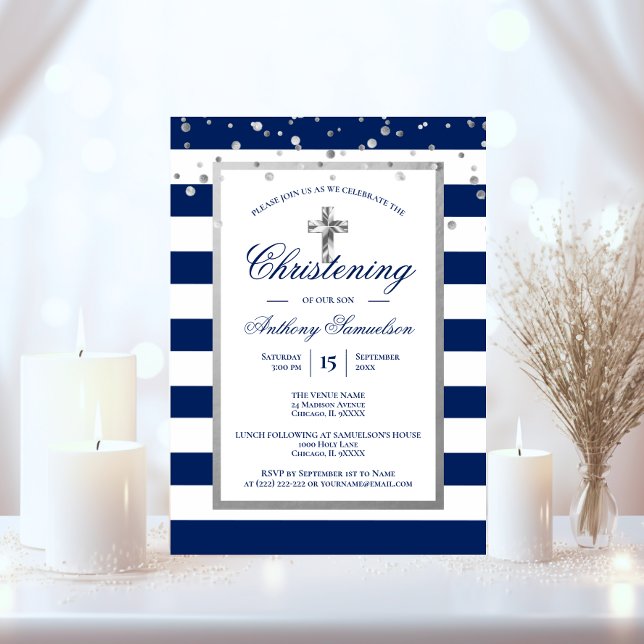 Silver Navy Blue Stripes Baptism Christening Boy Invitation (Silver Navy Blue Stripes Baptism Christening Boy Invitation)