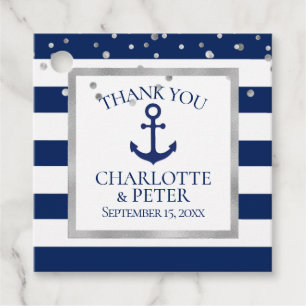 Silver Navy Blue Stripes Nautical Anchor Wedding Favour Tags